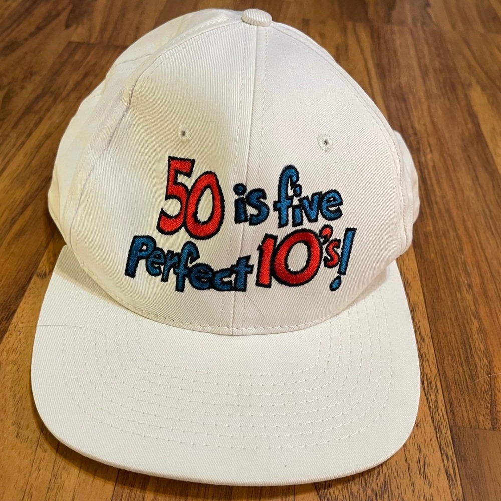 Vintage Shoebox 50th Birthday Hat 50 is Five Perfect 10s White Snapback Cap